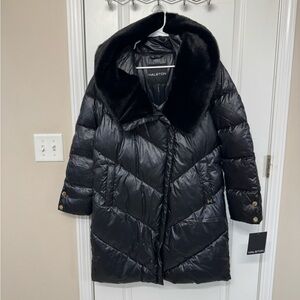 Halston Heritage Black Quilted Puffer Coat with Faux Fur Collar